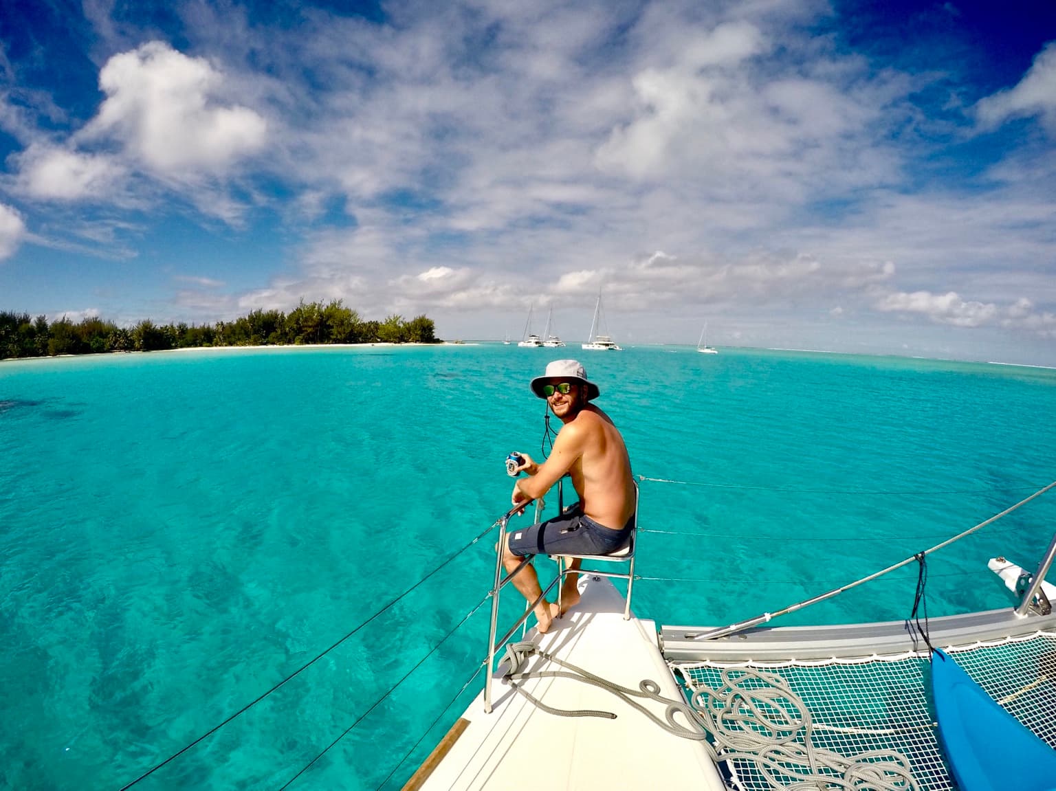 Turquoise water and catamarans in the Society Islands